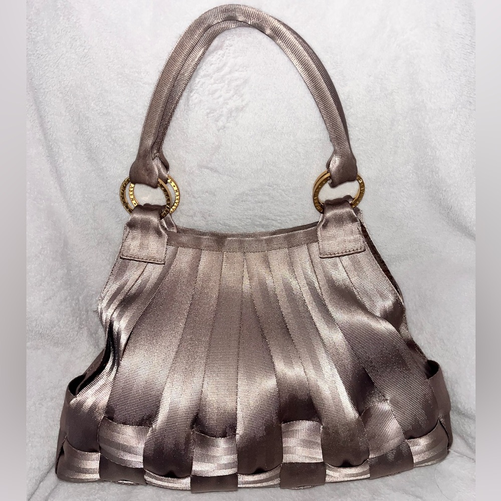 Harveys Stella seatbelt bag. Gold and Tan Shoulder Bag with Pleated Design